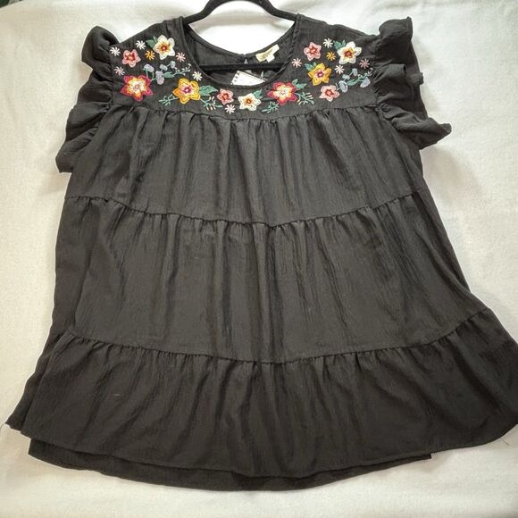 ODDY Peasant Top Black Embroidered Boho Indie Hipster Summer Blouse - Picture 1 of 9